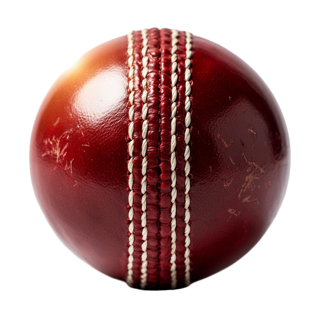 Red leather cricket ball with white seam used for AI cricket coaching photo analysis